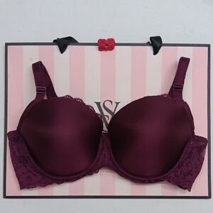 Victoria's Secret Deep Red Lace Bra Dream Angels Lined Demi/Demi Double Size38D